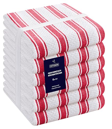 COTTONIVA 6er Set Küchentücher - 100% Baumwolle Geschirrtuch - für Restaurant, Bar, Glas - Saugfähige Maschinenwaschbar Küchentücher mit Aufhängeöse - 40x66 cm Rot von COTTONIVA