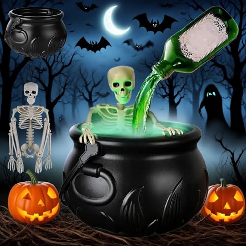 COUCHO Halloween-Hexenkessel-Dekorationsset, Horror-Schwarzkessel-Eimer mit Zaubertrankflasche und Zerstäuber, schwebender Zaubertrankkessel-Diffusor für den Kaminsims(with Skeleton) von COUCHO
