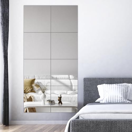 COUXILY 8 Stück 20.5x20.5cm Quadrat Selbstklebende Spiegel Folie HD Rahmenlos Fliesen Glas Spiegel Wandaufkleber für Schlafzimmer,Fitnessraum,Tanzstudio(Feines Mahlen, 8 Stück) von COUXILY
