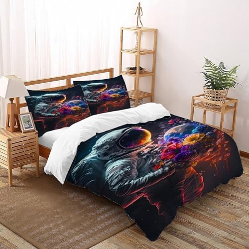 COVDKIDF Astronaut Blumen Bettbezug 3-teilig Kinderbettwäsche-Set Mit Kissenbezug Starry Sky Theme Betten Set Für Jugendliche Kinder Schlafzimmer Double（200x200cm） von COVDKIDF