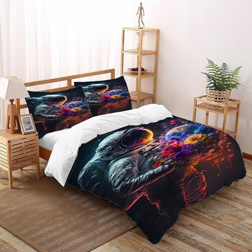 COVDKIDF Astronaut Blumen Bettwäsche Set 3-teilig Mit Reißverschluss Kissenbezug Betten Set Starry Sky Theme Für Jugendliche Kinder Schlafzimmer Super King（260x220cm） von COVDKIDF