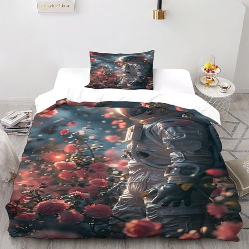 COVDKIDF Astronaut Blumen Bettwäsche-Sets 3 Teilig Für Jungen Und Mädchen 3D Druck Starry Sky Theme Microfaser Mit Reißverschluss Und Kissenbezug Single（135x200cm） von COVDKIDF