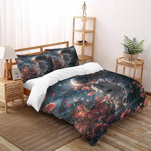COVDKIDF Astronaut Blumen Bettwäsche-Sets 3 Teilig Für Jungen Und Mädchen 3D Druck Starry Sky Theme Weiche Mikrofaser Und Kissenbezug Mit Reißverschluss Double（200x200cm） von COVDKIDF