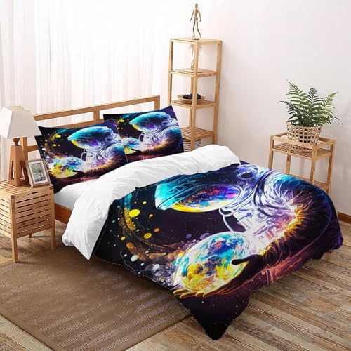 COVDKIDF Astronaut Erde Bettbezug-Set 3 Teilig Für Jungen Und Mädchen 3D Druck Starry Sky Theme Weiche Mikrofaser Und Kissenbezug Mit Reißverschluss Double（200x200cm） von COVDKIDF