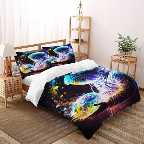COVDKIDF Astronaut Erde Bettbezug Set 3 Teilig Kinderbettwäsche Mit Kissenbezügen Starry Sky Theme Betten Set Für Jungen Und Mädchen,Kinder Super King（260x220cm） von COVDKIDF
