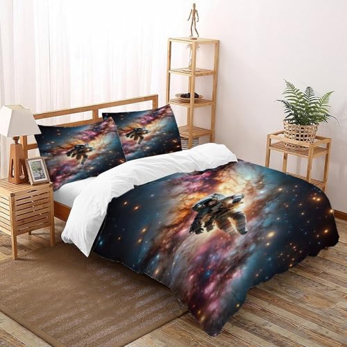 COVDKIDF Astronaut Nebel Bettwäsche Set 3 Teilig Für Jungen Und Mädchen 3D-Digitaldruck Starry Sky Theme Microfaser Mit Reißverschluss Und Kissenbezug Super King（260x220cm） von COVDKIDF