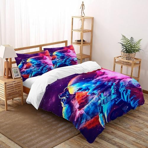 COVDKIDF Astronaut Nebel Bettwäsche Set 3 Teilig Für Jungen Und Mädchen 3D-Digitaldruck Starry Sky Theme Microfaser Mit Reißverschluss Und Kissenbezug Super King（260x220cm） von COVDKIDF
