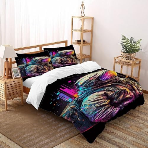 COVDKIDF Astronaut Neon Bettbezug-Set 3 Teilig Für Jungen Und Mädchen 3D-Digitaldruck Starry Sky Theme Weiche Mikrofaser Mit Reißverschluss Und Kissenbezug Double（200x200cm） von COVDKIDF