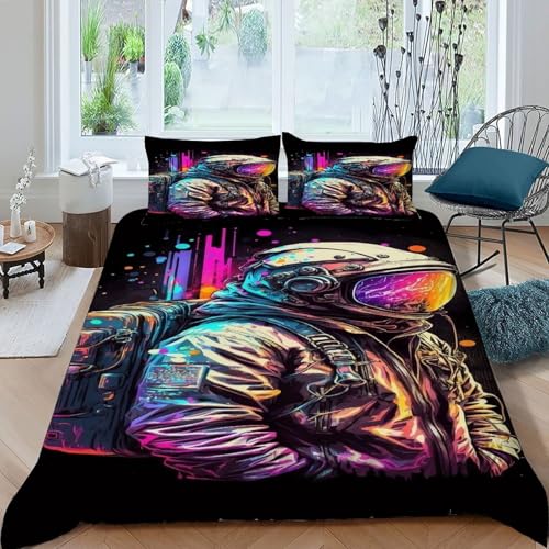 COVDKIDF Astronaut Neon Bettwäsche-Sets 3 Teilig Für Jungen Und Mädchen 3D-Digitaldruck Starry Sky Theme Weiche Mikrofaser Mit Reißverschluss Und Kissenbezug King（220x240cm） von COVDKIDF