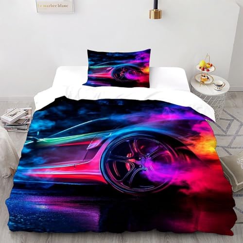COVDKIDF Auto Rauch Bettbezug-Set 3 Teilig Für Jungen Und Mädchen 3D-Digitaldruck Sports Theme Car Weiche Mikrofaser Mit Reißverschluss Und Kissenbezug Single（135x200cm） von COVDKIDF