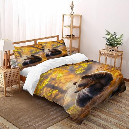 COVDKIDF Bär Herbst Bettbezug-Set 3 Teilig Für Jungen Und Mädchen 3D-Digitaldruck Animal Theme Wildlife Weiche Mikrofaser Mit Reißverschluss Und Kissenbezug Double（200x200cm） von COVDKIDF