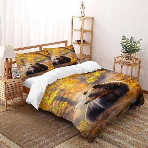 COVDKIDF Bär Herbst Bettwäsche-Sets 3 Teilig Für Jungen Und Mädchen 3D-Digitaldruck Animal Theme Wildlife Microfaser Mit Reißverschluss Und Kissenbezug Super King（260x220cm） von COVDKIDF