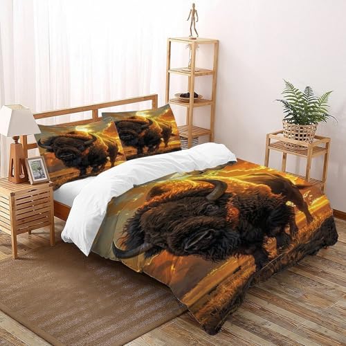 COVDKIDF Bison Sun Bettbezug-Set 3 Teilig Für Jungen Und Mädchen 3D-Digitaldruck Animal Theme Weiche Mikrofaser Mit Reißverschluss Und Kissenbezug Double（200x200cm） von COVDKIDF
