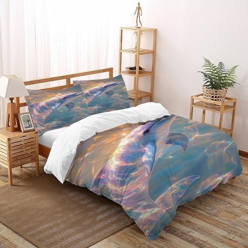 COVDKIDF Delphin Wasser Bettwäsche-Sets 3 Teilig Für Jungen Und Mädchen 3D-Digitaldruck Animal Theme Marine Animal Weiche Mikrofaser Mit Reißverschluss Und Kissenbezug Double（200x200cm） von COVDKIDF