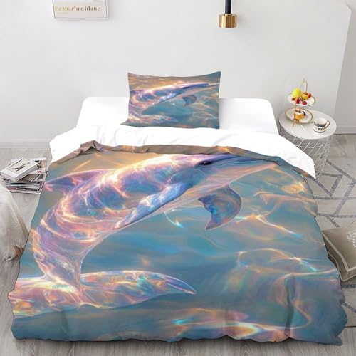 COVDKIDF Delphin Wasser Bettwäsche-Sets 3 Teilig Für Jungen Und Mädchen 3D-Digitaldruck Animal Theme Marine Animal Weiche Mikrofaser Mit Reißverschluss Und Kissenbezug Single（135x200cm） von COVDKIDF