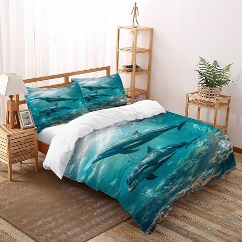 COVDKIDF Delphine Korallen Bettwäsche-Sets 3 Teilig Für Jungen Und Mädchen 3D-Digitaldruck Animal Theme Marine Animal Weiche Mikrofaser Mit Reißverschluss Und Kissenbezug Double（200x200cm） von COVDKIDF