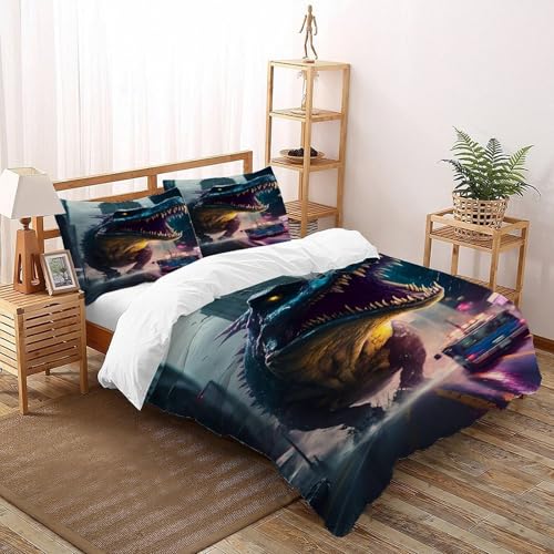COVDKIDF Dinosaurierierier Stadt Bettbezug-Set 3 Teilig Für Jungen Und Mädchen 3D-Digitaldruck Animal Theme Wildlife Weiche Mikrofaser Mit Reißverschluss Und Kissenbezug Super King（260x220cm） von COVDKIDF