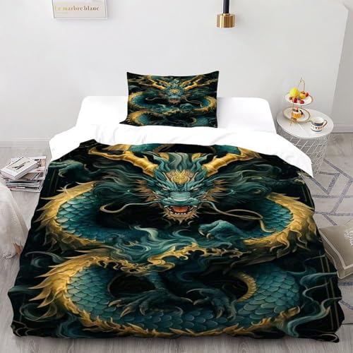 COVDKIDF Drachen Gold Bettbezug Bettwäsche Animal Theme Mit Kissenbezügen Betten Set Mit Reißverschluss Für Jungen Und Mädchen,Kinder Single（135x200cm） von COVDKIDF