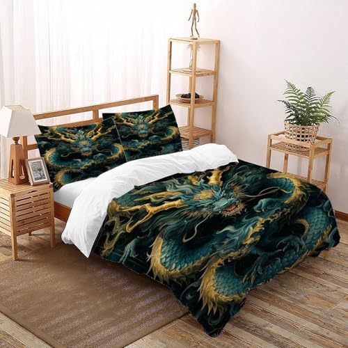 COVDKIDF Drachen Gold Bettbezug Set 3-teilig Kinderbettwäsche-Set Animal Theme Mit Kissenbezügen Für Jugendliche Kinder Schlafzimmer Super King（260x220cm） von COVDKIDF