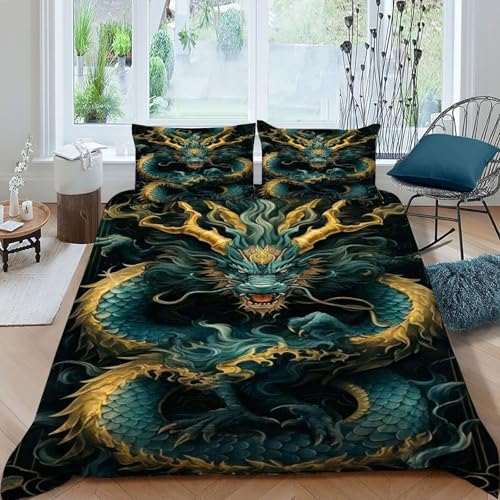 COVDKIDF Drachen Gold Bettwäsche-Sets 3 Teilig Bettbezüge Animal Theme Mit Kissenbezügen Betten Set Für Jugendliche Kinder Schlafzimmer King（220x240cm） von COVDKIDF