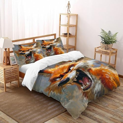 COVDKIDF Fuchs-Brüllen Bettbezug-Set 3 Teilig Für Jungen Und Mädchen 3D-Digitaldruck Animal Theme Wildlife Weiche Mikrofaser Mit Reißverschluss Und Kissenbezug Super King（260x220cm） von COVDKIDF