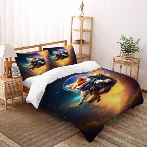 COVDKIDF Fuchs-Raumanzug Bettwäsche-Sets 3 Teilig Für Jungen Und Mädchen 3D-Digitaldruck Starry Sky Theme Animal Theme Weiche Mikrofaser Mit Reißverschluss Und Kissenbezug Super King（260x220cm） von COVDKIDF