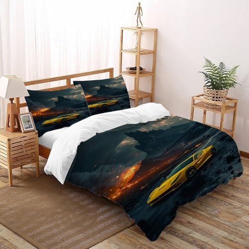 COVDKIDF Gelbes Auto Vulkanisch Bettwäsche-Sets 3 Teilig Für Jungen Und Mädchen 3D Druck Sports Theme Car Weiche Mikrofaser Und Kissenbezug Mit Reißverschluss Double（200x200cm） von COVDKIDF
