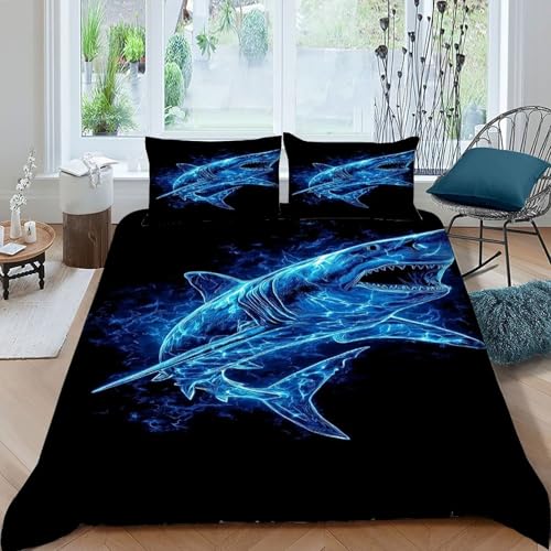 COVDKIDF Hai Blau Bettbezug-Set 3 Teilig Für Jungen Und Mädchen 3D-Digitaldruck Animal Theme Marine Animal Weiche Mikrofaser Mit Reißverschluss Und Kissenbezug King（220x240cm） von COVDKIDF