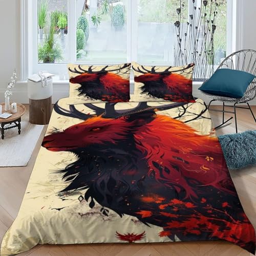 COVDKIDF Hirsch Ahornblätter Bettwäsche-Sets 3 Teilig Für Jungen Und Mädchen 3D-Digitaldruck Animal Theme Microfaser Mit Reißverschluss Und Kissenbezug King（220x240cm） von COVDKIDF