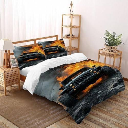 COVDKIDF Jeep Feuer Bettbezug Kinderbettwäsche-Set Reißverschluss Mit Kissenbezug Sports Theme Car Betten Set Für Jugendliche Kinder Schlafzimmer Double（200x200cm） von COVDKIDF