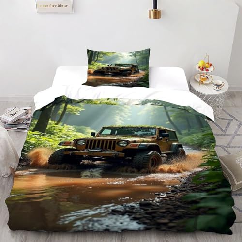 COVDKIDF Jeep Wald Bettwäsche-Sets 3 Teilig Für Jungen Und Mädchen 3D-Digitaldruck Sports Theme Car Microfaser Mit Reißverschluss Und Kissenbezug Single（135x200cm） von COVDKIDF