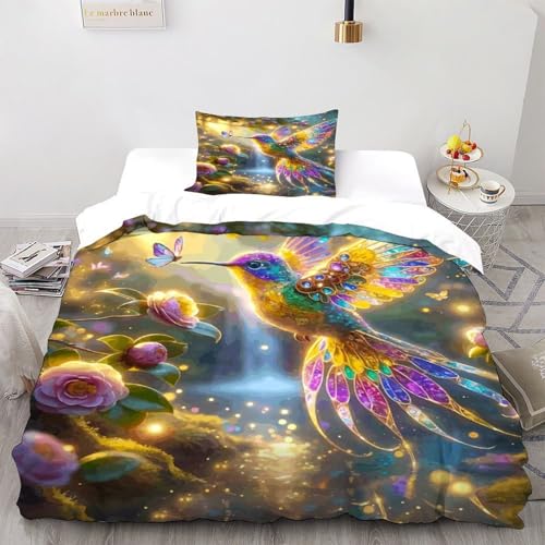 COVDKIDF Kolibri Blume Bettwäsche Single（135x200cm） Set 3 Teilig,Animal Theme Mikrofaser Bettbezug Und Kissenbezüge Mit Reißverschluss von COVDKIDF