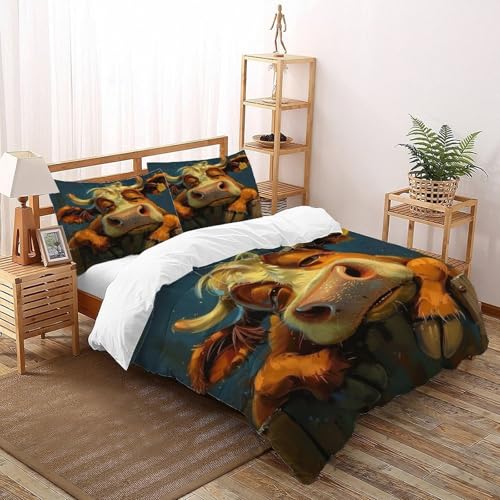 COVDKIDF Kuh-Zaun Bettwäsche-Sets 3 Teilig Für Jungen Und Mädchen 3D Druck Animal Theme Domestic Animals Microfaser Und Kissenbezug Mit Reißverschluss Super King（260x220cm） von COVDKIDF