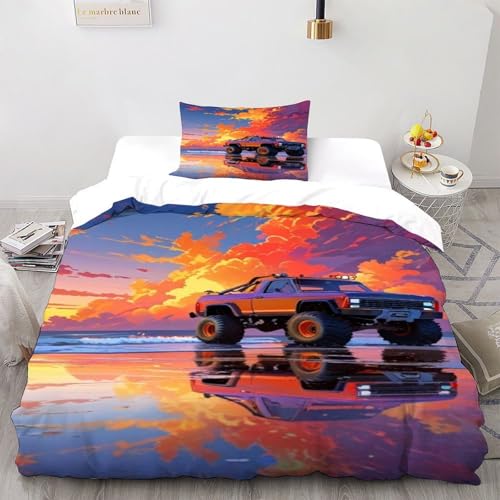 COVDKIDF LKW Wolken Bettwäsche-Sets 3 Teilig Für Jungen Und Mädchen 3D-Digitaldruck Sports Theme Car Microfaser Mit Reißverschluss Und Kissenbezug Single（135x200cm） von COVDKIDF