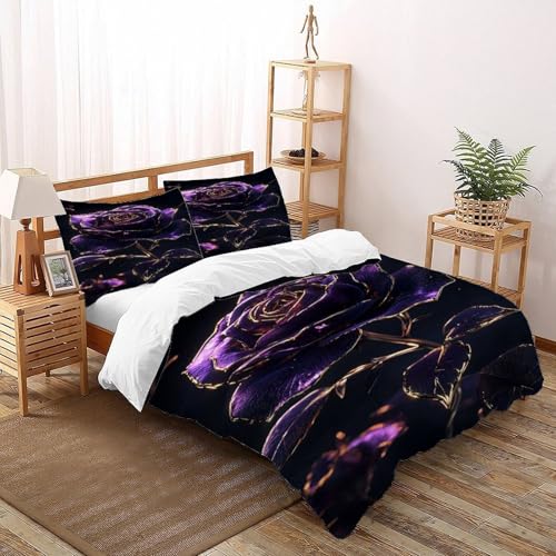 COVDKIDF Lila Goldener Rand Bettwäsche-Sets 3 Teilig Für Jungen Und Mädchen 3D-Digitaldruck Purple Rose Weiche Mikrofaser Mit Reißverschluss Und Kissenbezug Super King（260x220cm） von COVDKIDF