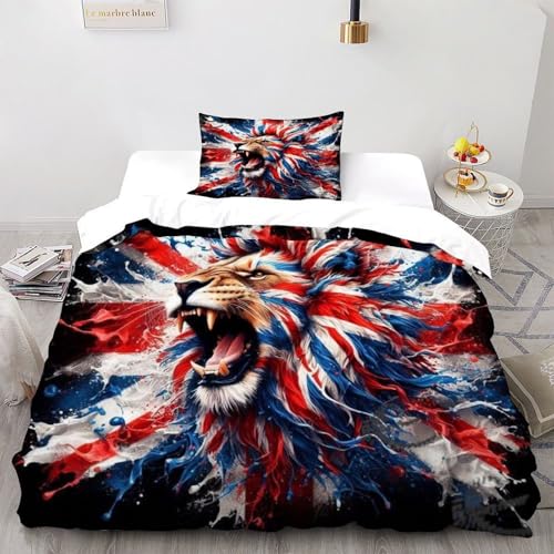 COVDKIDF Löwe Union Jack Bettbezug-Set 2 Teilig Für Jungen Und Mädchen 3D Druck Animal Theme Wildlife Weiche Mikrofaser Und Kissenbezug Mit Reißverschluss Single（135x200cm） von COVDKIDF