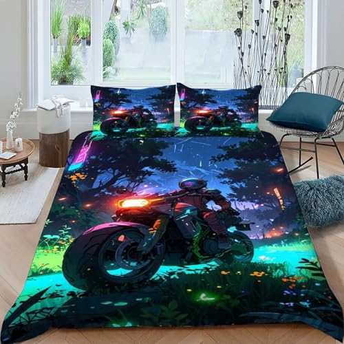 COVDKIDF Motorrad Mondschein Bettwäsche Set 3-teilig Mit Reißverschluss Kissenbezug Betten Set Sports Theme Car Für Jugendliche Kinder Schlafzimmer King（220x240cm） von COVDKIDF