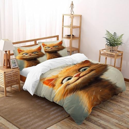 COVDKIDF Orangefarbene Katze Bettbezug Kinderbettwäsche Reißverschluss Mit Kissenbezug Betten Set Animal Theme Wildlife Für Jugendliche Kinder Schlafzimmer Super King（260x220cm） von COVDKIDF