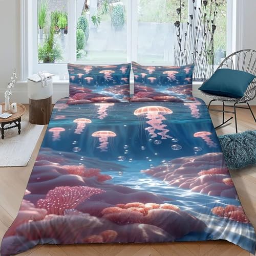 COVDKIDF Quallen Koralle Bettbezug Set 3 Teilig Kinderbettwäsche Mit Kissenbezug Animal Theme Marine Animal Betten Set Für Jugendliche Kinder Schlafzimmer King（220x240cm） von COVDKIDF