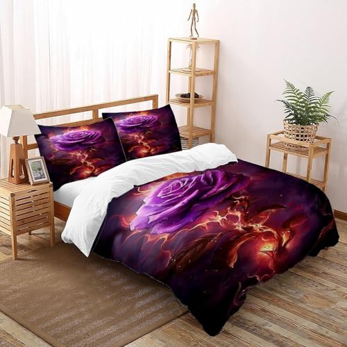 COVDKIDF Rosenflamme Bettwäsche-Sets 3 Teilig Für Jungen Und Mädchen 3D-Digitaldruck Purple Rose Weiche Mikrofaser Mit Reißverschluss Und Kissenbezug Super King（260x220cm） von COVDKIDF