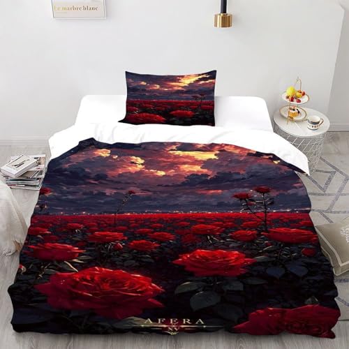 COVDKIDF Rosenhimmel Bettwäsche-Sets 3 Teilig Für Jungen Und Mädchen 3D-Digitaldruck Red Rose Microfaser Mit Reißverschluss Und Kissenbezug Single（135x200cm） von COVDKIDF