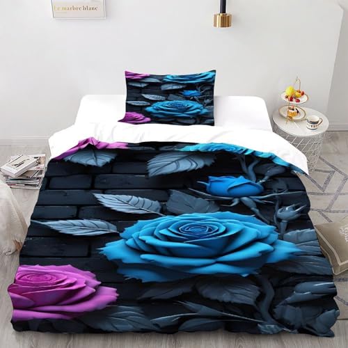 COVDKIDF Rosenziegelmauer Bettwäsche-Sets 3 Teilig Für Jungen Und Mädchen 3D-Digitaldruck Blue Rose Microfaser Mit Reißverschluss Und Kissenbezug Single（135x200cm） von COVDKIDF