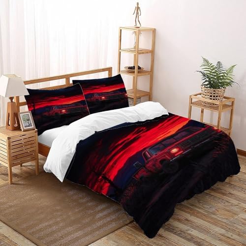COVDKIDF Roter Truck Roter Himmel Bettbezug Set 3 Teilig Kinderbettwäsche Mit Kissenbezug Sports Theme Car Betten Set Für Jugendliche Kinder Schlafzimmer Super King（260x220cm） von COVDKIDF