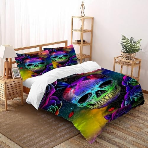 COVDKIDF Schädel Bettwäsche Set 3 Teilig Für Jungen Und Mädchen 3D-Digitaldruck Gothic Themes Microfaser Mit Reißverschluss Und Kissenbezug Double（200x200cm） von COVDKIDF