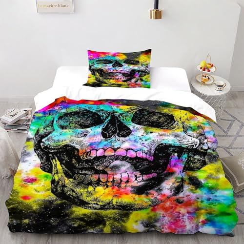 COVDKIDF Schädel Farbeful Bettbezug Set 3 Teilig Kinderbettwäsche Mit Kissenbezug Gothic Themes Betten Set Für Jugendliche Kinder Schlafzimmer Single（135x200cm） von COVDKIDF