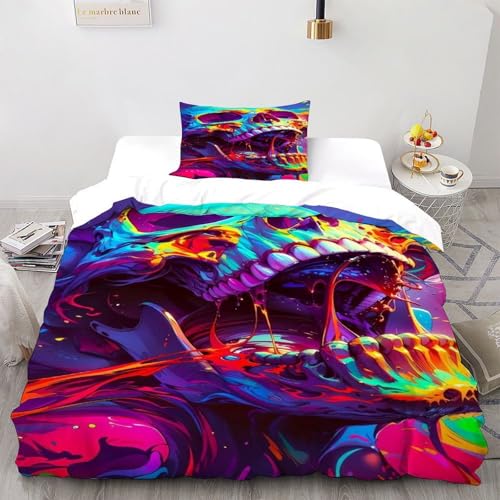 COVDKIDF Schädel Farbeful Bettwäsche Set 3 Teilig Für Jungen Und Mädchen 3D-Digitaldruck Gothic Themes Microfaser Mit Reißverschluss Und Kissenbezug Single（135x200cm） von COVDKIDF