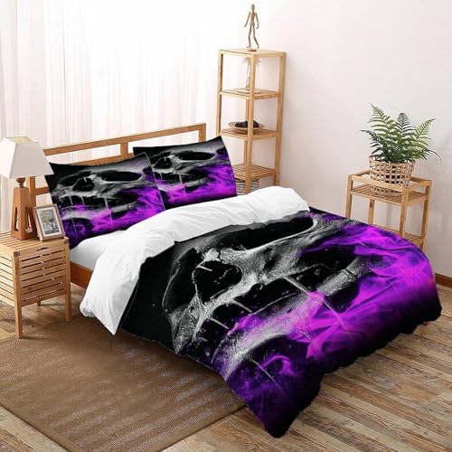 COVDKIDF Schädel Lila Flamme Bettbezug-Set 3 Teilig Für Jungen Und Mädchen 3D Druck Gothic Themes Weiche Mikrofaser Und Kissenbezug Mit Reißverschluss Super King（260x220cm） von COVDKIDF