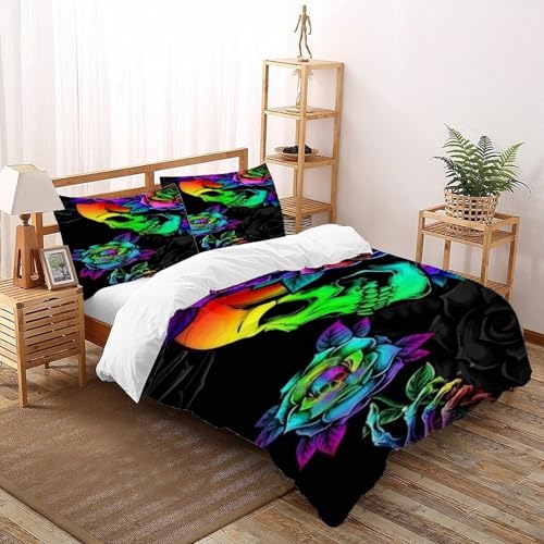 COVDKIDF Schädel Rose Bettbezug Gothic Themes Kinderbettwäsche-Set Reißverschluss Mit Kissenbezügen Betten Set Für Jugendliche Kinder Schlafzimmer Super King（260x220cm） von COVDKIDF