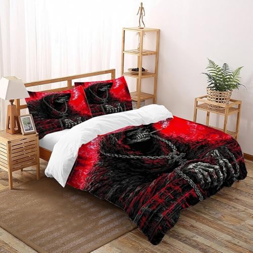COVDKIDF Schädel Rot Bettwäsche-Sets 3 Teilig Für Jungen Und Mädchen 3D-Digitaldruck Gothic Themes Microfaser Mit Reißverschluss Und Kissenbezug Super King（260x220cm） von COVDKIDF