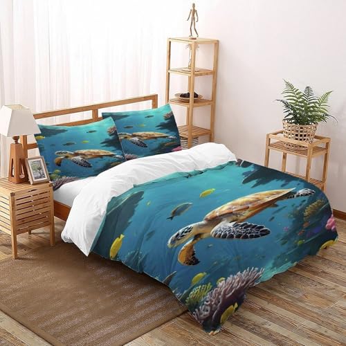 COVDKIDF Schildkröte Koralle Bettwäsche-Sets 3 Teilig Für Jungen Und Mädchen 3D-Digitaldruck Animal Theme Marine Animal Microfaser Mit Reißverschluss Und Kissenbezug Super King（260x220cm） von COVDKIDF